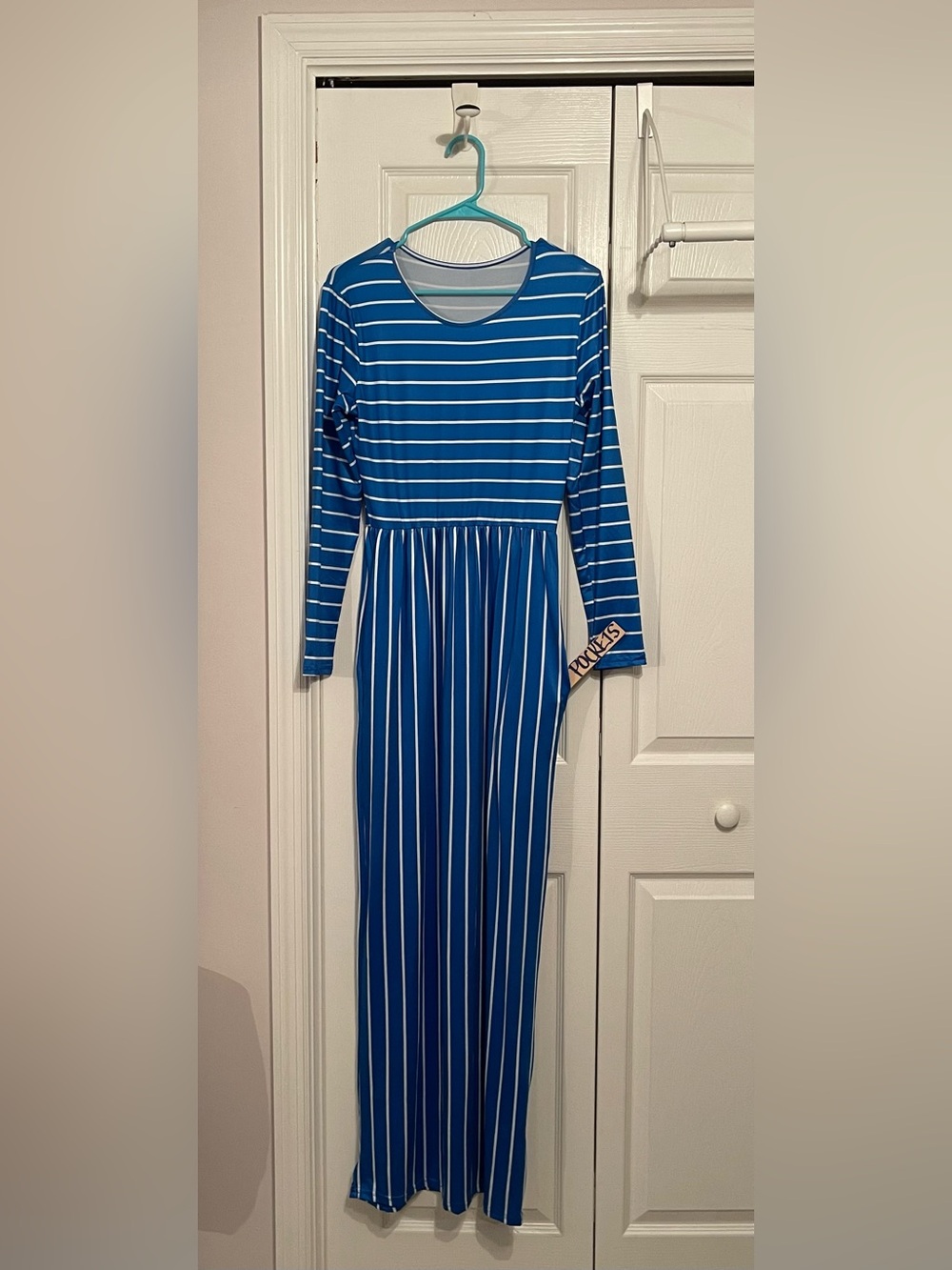 Blue and White Striped Women's Maxi Dress with Long Sleeves